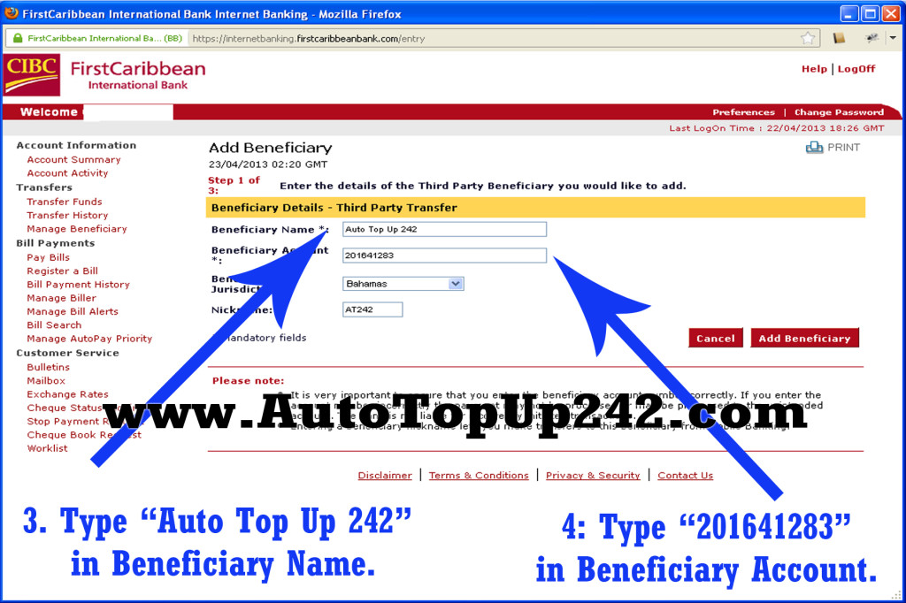 Direct Bank Transfer CIBC AutoTopUp242